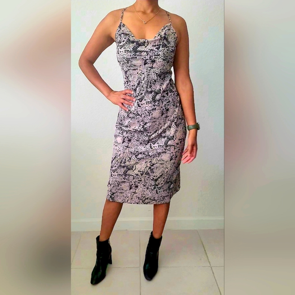 Spaghetti Strap Cross Cross Black and White Snake Skin Style Midi Dress